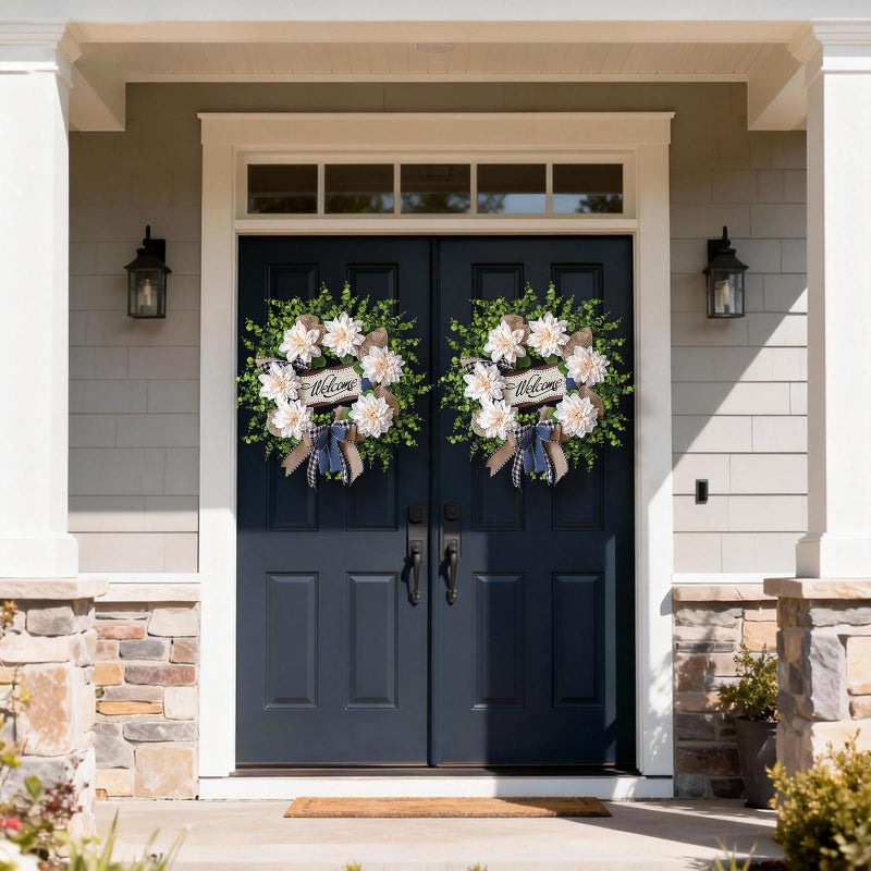 VIERENA Artificial Flowers and Eucalyptus Wreath for Front Door â€“ 24" Fake Dahlia Faux Eucalyptus with Blessed Sign, UV Resistant Greenery Plant Wreath for Home Wall Fireplace Farmhouse Decor - Image 3