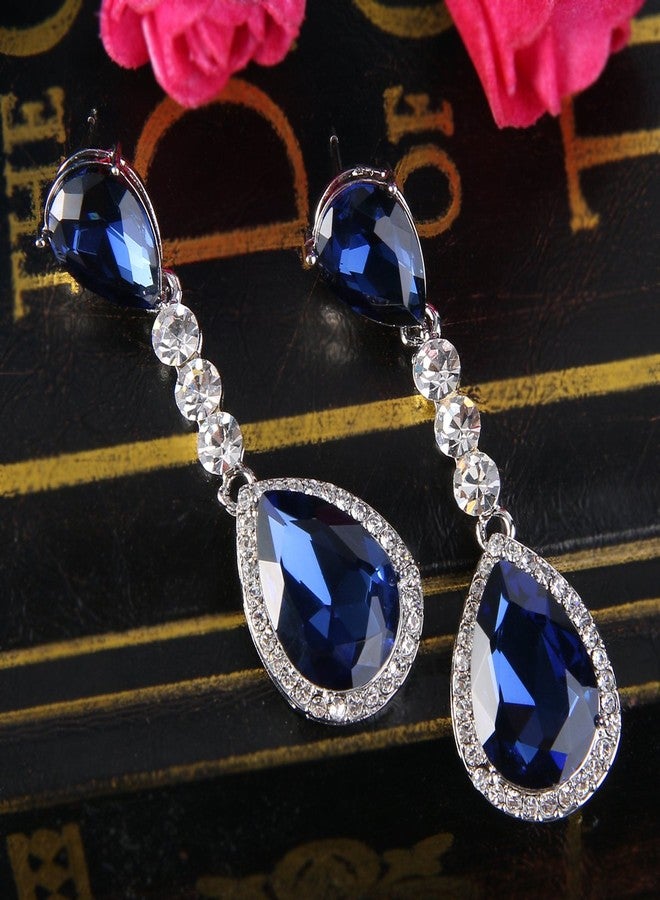 BriLove Wedding Bridal Dangle Earrings for Women Crystal Teardrop Infinity Figure 8 Chandelier Jewelry Navy Blue Sapphire Color Silver-Tone - Image 4