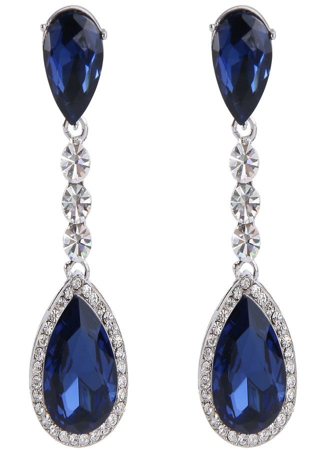 BriLove Wedding Bridal Dangle Earrings for Women Crystal Teardrop Infinity Figure 8 Chandelier Jewelry Navy Blue Sapphire Color Silver-Tone - Image 1