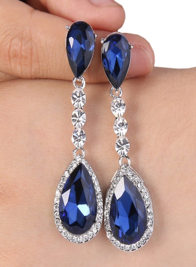 BriLove Wedding Bridal Dangle Earrings for Women Crystal Teardrop Infinity Figure 8 Chandelier Jewelry Navy Blue Sapphire Color Silver-Tone - Image 3