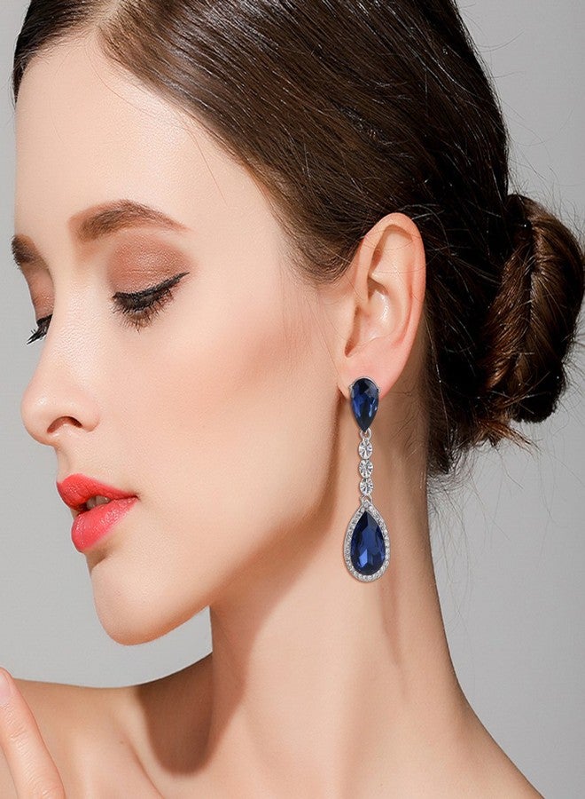 BriLove Wedding Bridal Dangle Earrings for Women Crystal Teardrop Infinity Figure 8 Chandelier Jewelry Navy Blue Sapphire Color Silver-Tone - Image 2