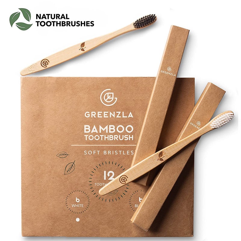 GREENZLA فرشاة أسنان من الخيزران القابلة للتحلل الحيوي من Greenzla، عبوة 12 فرشاة قوية خالية من BPA بشعيرات ناعمة للبالغين مع علبة سفر لفرشاة الأسنان وخيط تنظيف الأسنان بالفحم، فرشاة أسنان خشبية عضوية وقابلة للتسميد - Image 5