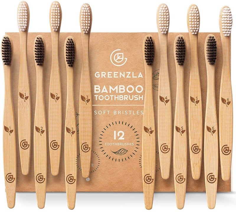 GREENZLA فرشاة أسنان من الخيزران القابلة للتحلل الحيوي من Greenzla، عبوة 12 فرشاة قوية خالية من BPA بشعيرات ناعمة للبالغين مع علبة سفر لفرشاة الأسنان وخيط تنظيف الأسنان بالفحم، فرشاة أسنان خشبية عضوية وقابلة للتسميد - Image 1