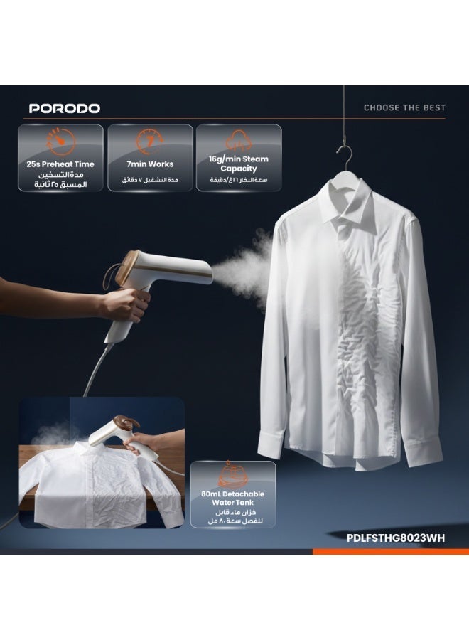 porodo Thermia Mini Foldable Handheld Garment Steamer, Portable & compact, 900W, Portable Steam Iron for Clothes with 80mL Tank, Wrinkle Remover - Image 2