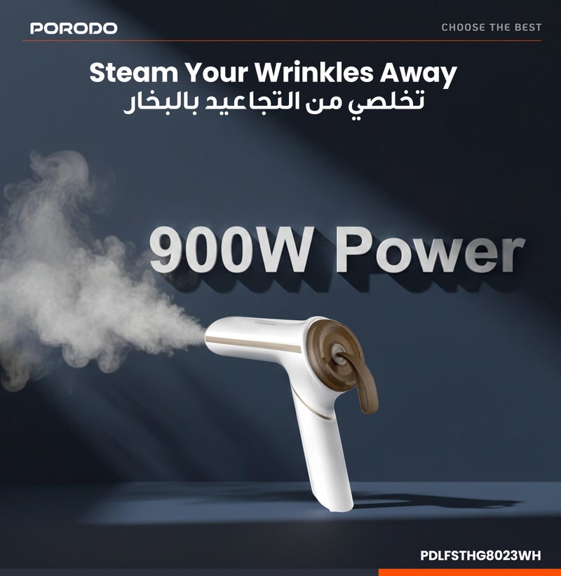 porodo Thermia Mini Foldable Handheld Garment Steamer, Portable & compact, 900W, Portable Steam Iron for Clothes with 80mL Tank, Wrinkle Remover - Image 3