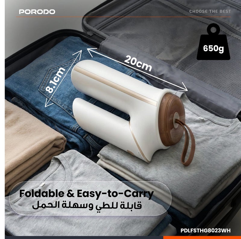 porodo Thermia Mini Foldable Handheld Garment Steamer, Portable & compact, 900W, Portable Steam Iron for Clothes with 80mL Tank, Wrinkle Remover - Image 4