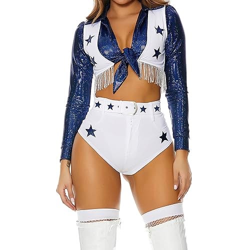 Forplay Women's Star Cheerleader Costume 4-Piece Halloween Outfit with Top, Vest, Panty and Belt, White, XS/S - Image 1