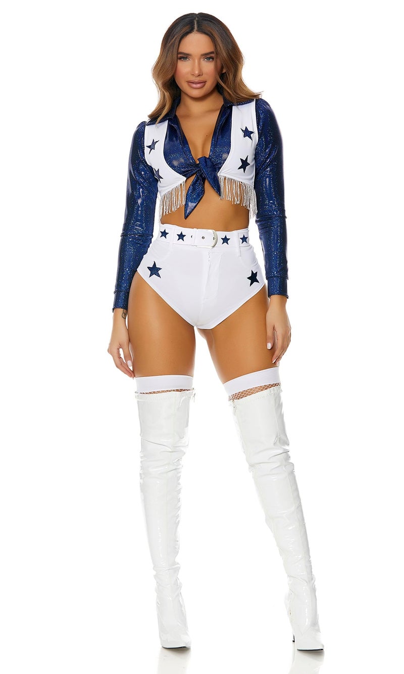 Forplay Women's Star Cheerleader Costume 4-Piece Halloween Outfit with Top, Vest, Panty and Belt, White, XS/S - Image 3