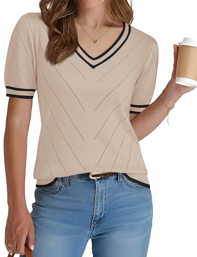 LOMON Puff Sleeve Tops for Women Casual V Neck Sweater Short Sleeve Summer Lightweight Knit Blosues Business Casual Outfits 2026 (Apricot Black Stripe,M) - Image 2