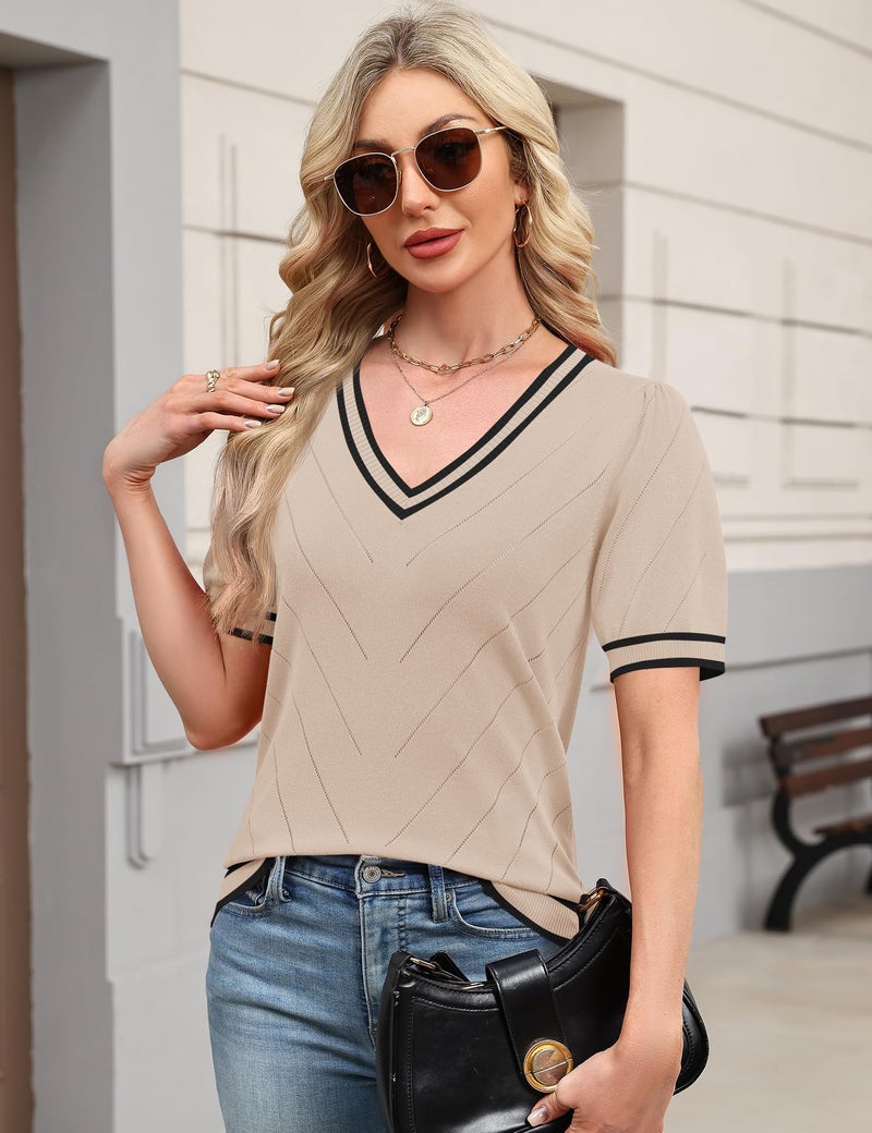 LOMON Puff Sleeve Tops for Women Casual V Neck Sweater Short Sleeve Summer Lightweight Knit Blosues Business Casual Outfits 2026 (Apricot Black Stripe,M) - Image 3