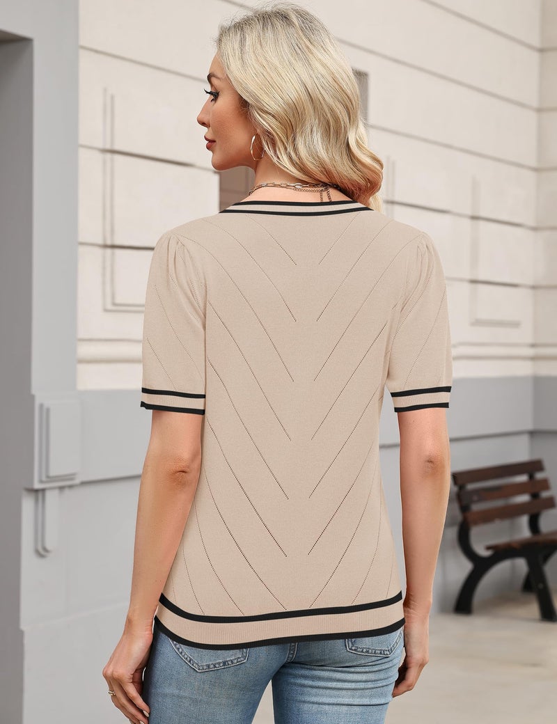 LOMON Puff Sleeve Tops for Women Casual V Neck Sweater Short Sleeve Summer Lightweight Knit Blosues Business Casual Outfits 2026 (Apricot Black Stripe,M) - Image 5