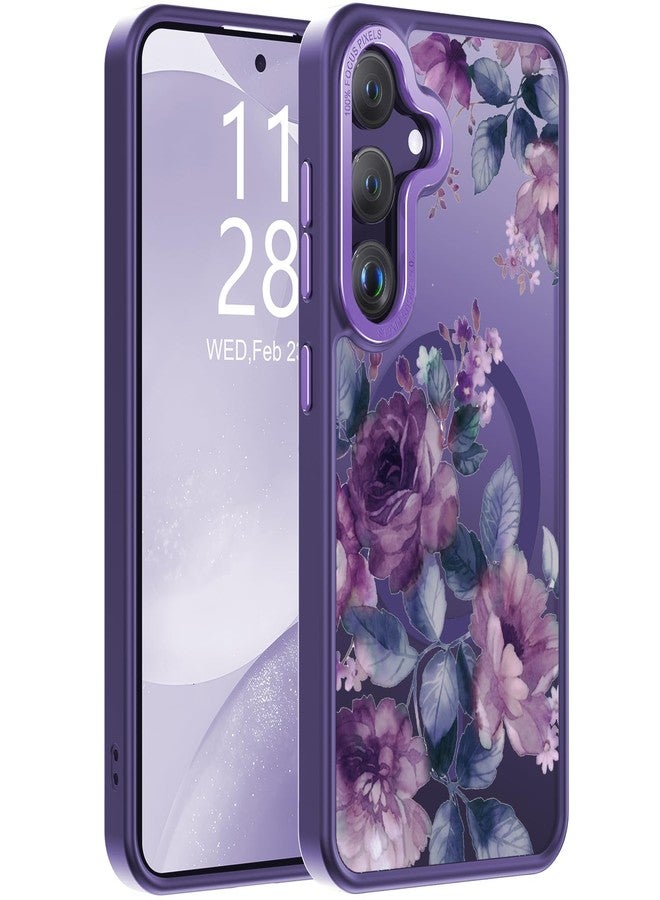 جراب Goodon لهاتف Galaxy S25، متوافق مع الشحن اللاسلكي، غطاء غير لامع شفاف مقاوم للصدمات - جراب هاتف بتصميم زهور لطيف للنساء والفتيات - أزهار بنفسجية - Image 1