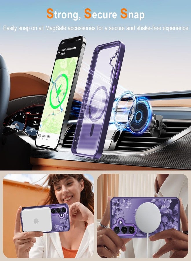 جراب Goodon لهاتف Galaxy S25، متوافق مع الشحن اللاسلكي، غطاء غير لامع شفاف مقاوم للصدمات - جراب هاتف بتصميم زهور لطيف للنساء والفتيات - أزهار بنفسجية - Image 3
