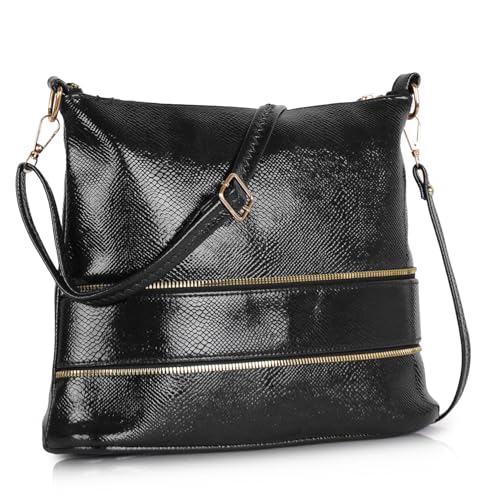 DANIEL CLARK Stylish Multi-Pocket Zip Closure Faux Leather Ladies Shoulder Bag with Adjustable Strap and Dual Zipper Design Handbag for Women (Black) - Image 1