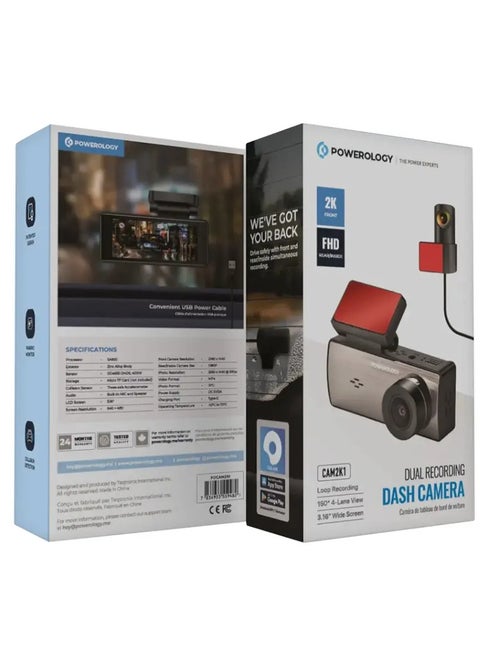 Powerology Dash Cam Dual Recording, Built-in Microphone & Speaker, 150° Viewing Angle for 4 Lanes, Collision Detection, 3.16" Widescreen Display, Patented Design, Loop Recording, Parking Monitoring, Type-C Charging Port, MP4 Video Format & JPG Photo Format - Black