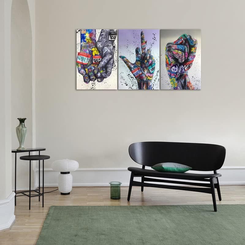 KAWAHONE 3 Pieces Colorful Graffiti Wall Art - Street Art Canvas Graffiti Hip Hop Gesture Posters Decor Inspirational Fist Gesture Street Canvas Painting for Home Decor(24x36Inchx3pcs) - Image 2