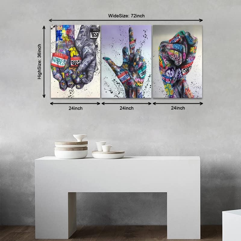 KAWAHONE 3 Pieces Colorful Graffiti Wall Art - Street Art Canvas Graffiti Hip Hop Gesture Posters Decor Inspirational Fist Gesture Street Canvas Painting for Home Decor(24x36Inchx3pcs) - Image 5