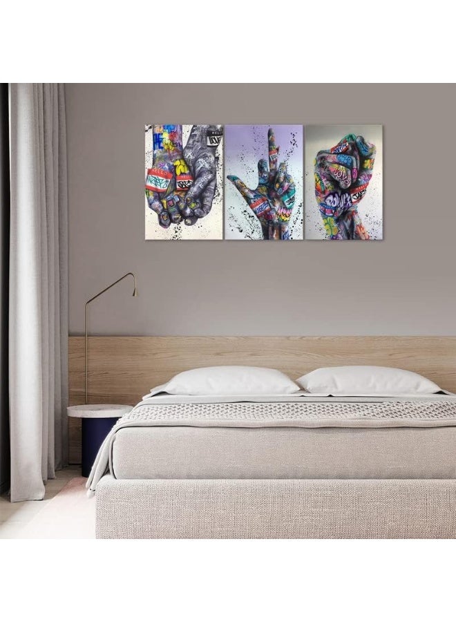 KAWAHONE 3 Pieces Colorful Graffiti Wall Art - Street Art Canvas Graffiti Hip Hop Gesture Posters Decor Inspirational Fist Gesture Street Canvas Painting for Home Decor(24x36Inchx3pcs) - Image 3