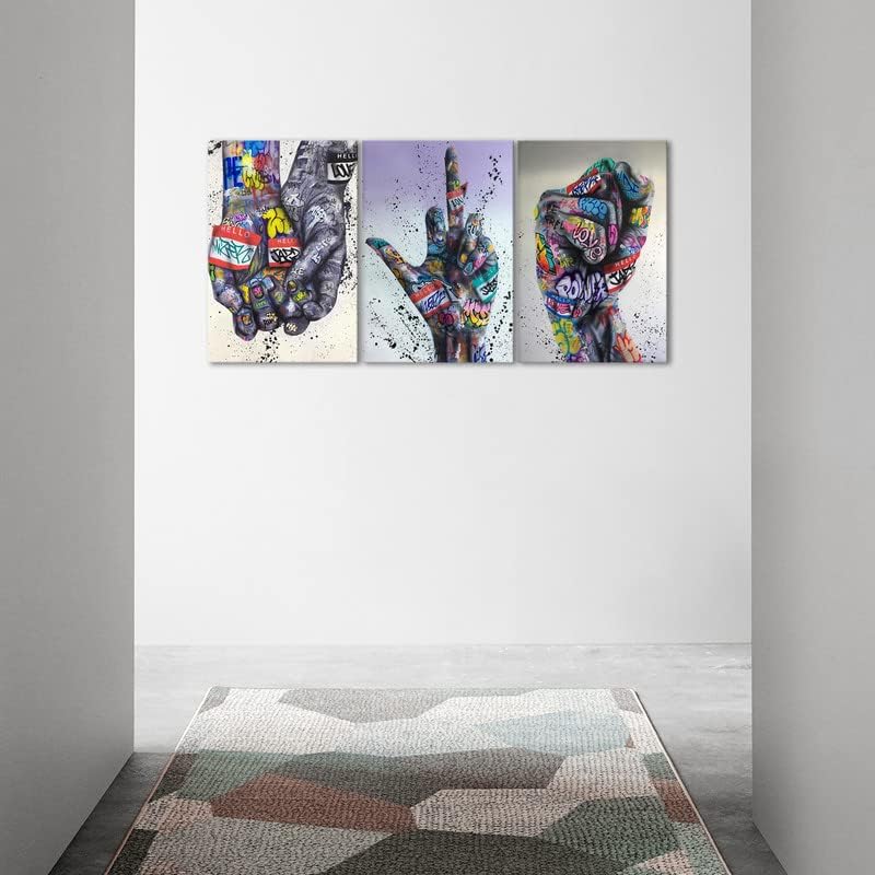 KAWAHONE 3 Pieces Colorful Graffiti Wall Art - Street Art Canvas Graffiti Hip Hop Gesture Posters Decor Inspirational Fist Gesture Street Canvas Painting for Home Decor(24x36Inchx3pcs) - Image 4