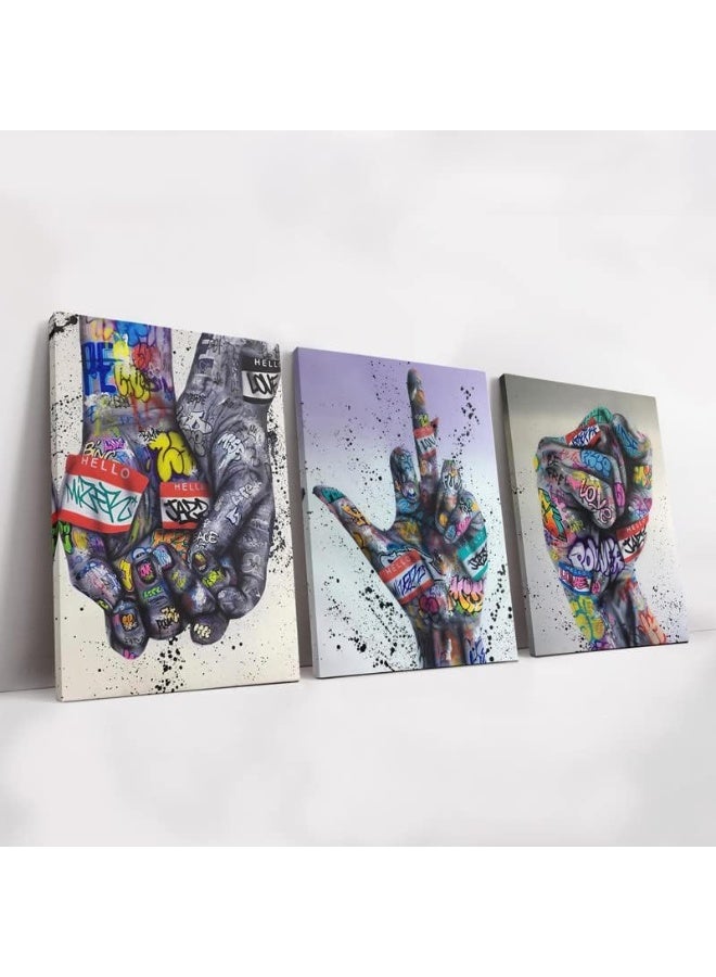 KAWAHONE 3 Pieces Colorful Graffiti Wall Art - Street Art Canvas Graffiti Hip Hop Gesture Posters Decor Inspirational Fist Gesture Street Canvas Painting for Home Decor(24x36Inchx3pcs) - Image 1