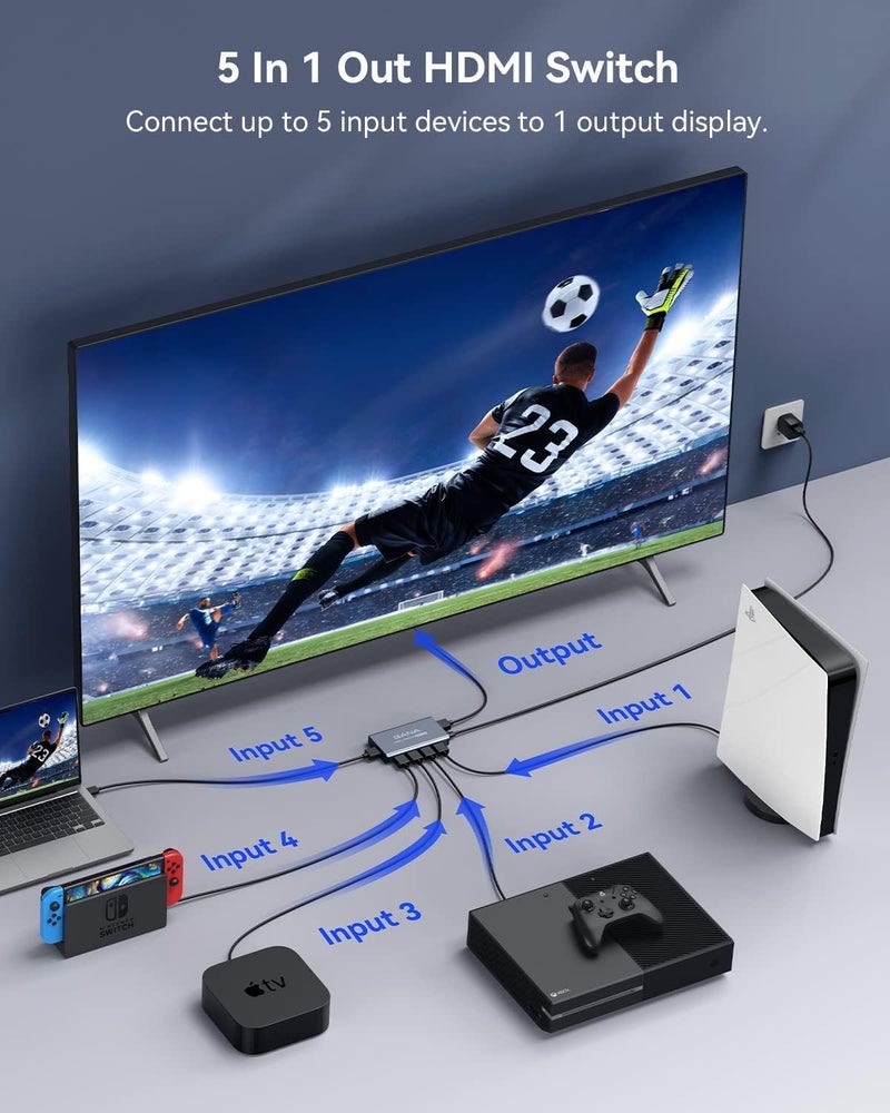 جانا محول HDMI من 5 مداخل وخرج واحد 4K@60Hz، موزع HDMI مع جهاز تحكم عن بعد، متوافق مع PS5/4، Xbox، Nintendo Switch، Roku، التلفزيون، Fire Stick - Image 2