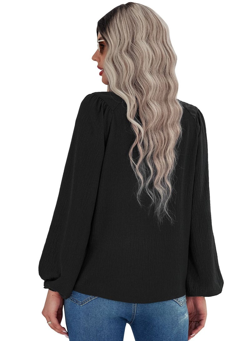 Loquat Solid Round Neck Pullover Shirt Loose Shirt Black - Image 2