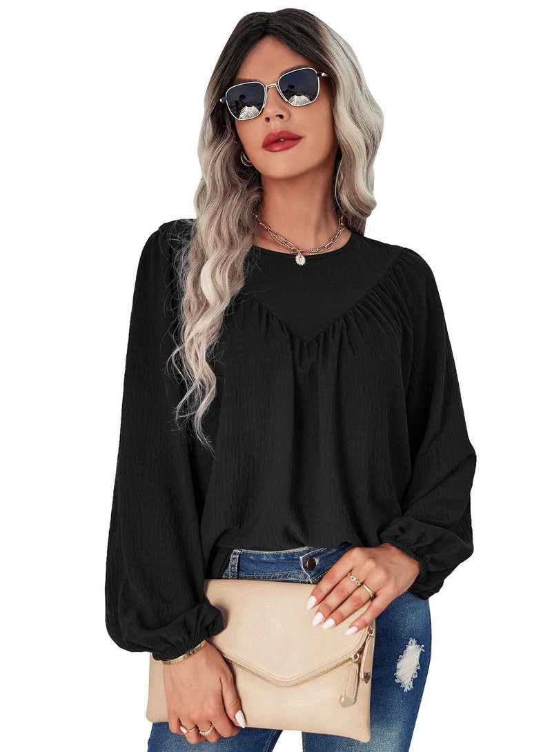 Loquat Solid Round Neck Pullover Shirt Loose Shirt Black - Image 1