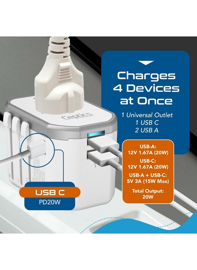 Ceptics - Ceptics 4 in 1 Universal Travel Adapter with Type C - Universal Plug Socket, USB QC 3.0-20W USB-C International Travel Adapter with Lifetime Limited Warranty, Worldwide Travel Adapter, White - Image 1
