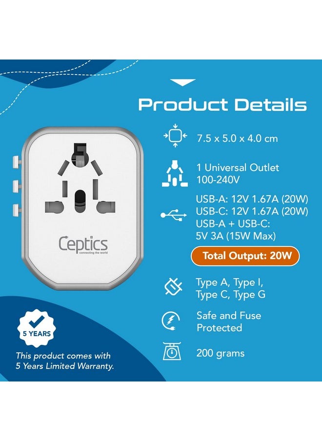 Ceptics - Ceptics 4 in 1 Universal Travel Adapter with Type C - Universal Plug Socket, USB QC 3.0-20W USB-C International Travel Adapter with Lifetime Limited Warranty, Worldwide Travel Adapter, White - Image 1