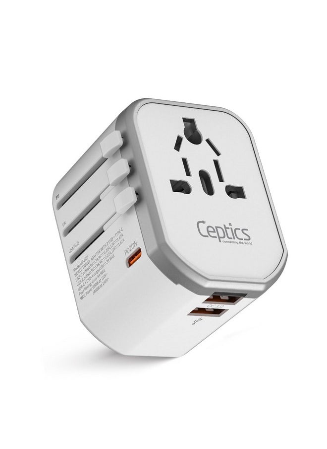 Ceptics - Ceptics 4 in 1 Universal Travel Adapter with Type C - Universal Plug Socket, USB QC 3.0-20W USB-C International Travel Adapter with Lifetime Limited Warranty, Worldwide Travel Adapter, White - Image 1