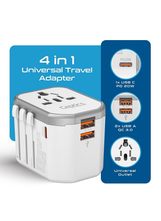 Ceptics - Ceptics 4 in 1 Universal Travel Adapter with Type C - Universal Plug Socket, USB QC 3.0-20W USB-C International Travel Adapter with Lifetime Limited Warranty, Worldwide Travel Adapter, White - Image 1