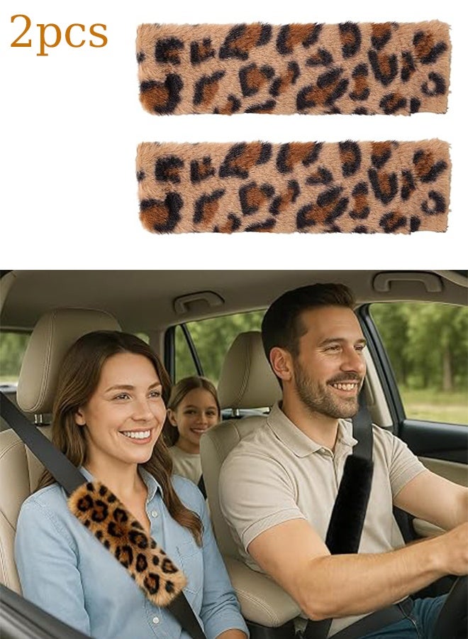KANGLI 2 PCS  Soft Faux Fur Universal Fit Seatbelt Cover Car Truck SUV Airplane Seat Belt Shoulder Pad for Carmera Backpack Straps Neck Cushion Protector  Brown Leopard - Image 1