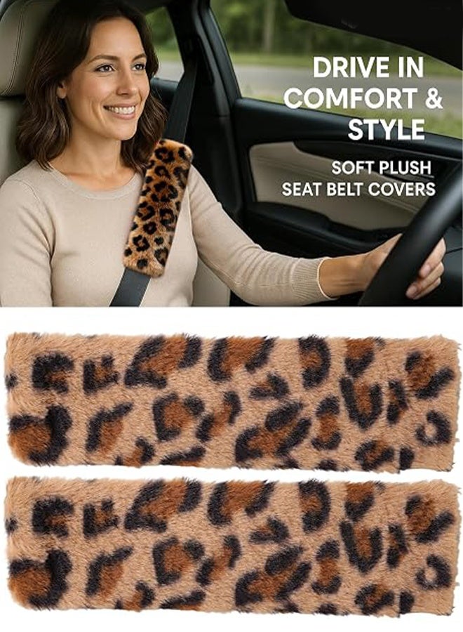 KANGLI 2 PCS  Soft Faux Fur Universal Fit Seatbelt Cover Car Truck SUV Airplane Seat Belt Shoulder Pad for Carmera Backpack Straps Neck Cushion Protector  Brown Leopard - Image 2