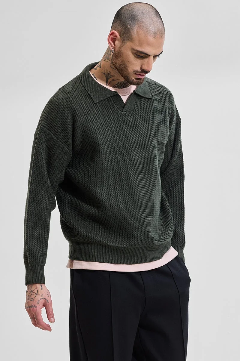 SNITCH Core Lab Dark Green Textured Relaxed Fit Sweaters