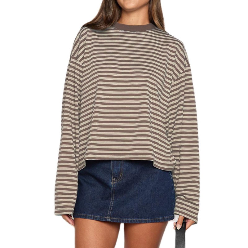 KOSUSANILL Striped Long Sleeve Shirt Women Oversized Baggy Tshirt Crewneck Boxy Cropped Tee Tops Drop Shoulder Y2K Cute Preppy Sweatshirt Vintage Teen Girls Fall Pullover Top (Brown-A, M) - Image 1