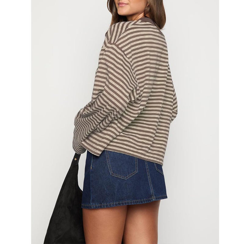 KOSUSANILL Striped Long Sleeve Shirt Women Oversized Baggy Tshirt Crewneck Boxy Cropped Tee Tops Drop Shoulder Y2K Cute Preppy Sweatshirt Vintage Teen Girls Fall Pullover Top (Brown-A, M) - Image 2