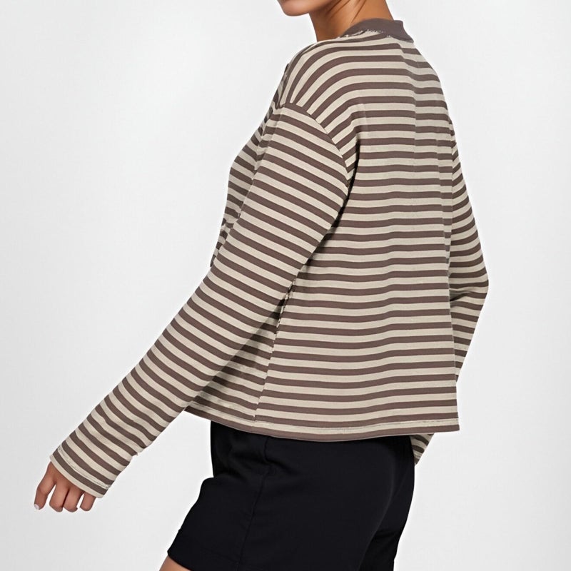 KOSUSANILL Striped Long Sleeve Shirt Women Oversized Baggy Tshirt Crewneck Boxy Cropped Tee Tops Drop Shoulder Y2K Cute Preppy Sweatshirt Vintage Teen Girls Fall Pullover Top (Brown-A, M) - Image 4