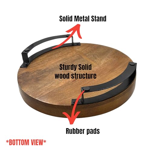 POSHIO® POSHIO Wooden Tray Serving Platter with Metal Stand (Enamel Printed) | Round Wood Tray for Dining Table Organizer | 12 x 12 Inches | Handmade Serving Stand and Big Platter (Design 1, 12x12inches) - Image 2