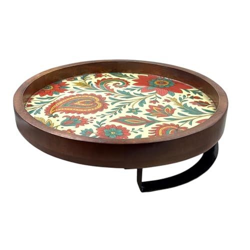 POSHIO® POSHIO Wooden Tray Serving Platter with Metal Stand (Enamel Printed) | Round Wood Tray for Dining Table Organizer | 12 x 12 Inches | Handmade Serving Stand and Big Platter (Design 1, 12x12inches) - Image 5