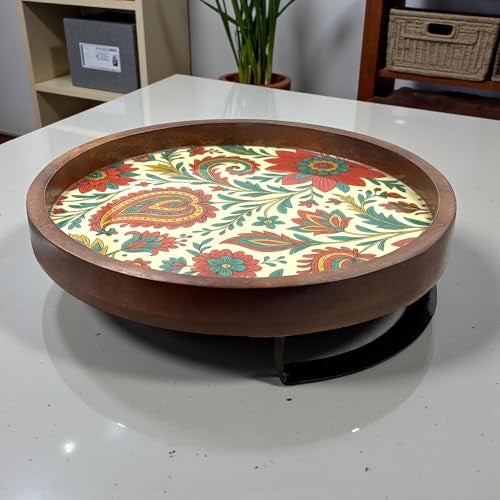 POSHIO® POSHIO Wooden Tray Serving Platter with Metal Stand (Enamel Printed) | Round Wood Tray for Dining Table Organizer | 12 x 12 Inches | Handmade Serving Stand and Big Platter (Design 1, 12x12inches) - Image 3
