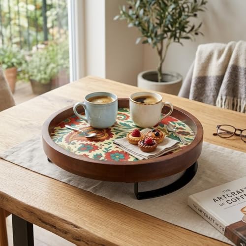 POSHIO® POSHIO Wooden Tray Serving Platter with Metal Stand (Enamel Printed) | Round Wood Tray for Dining Table Organizer | 12 x 12 Inches | Handmade Serving Stand and Big Platter (Design 1, 12x12inches) - Image 1