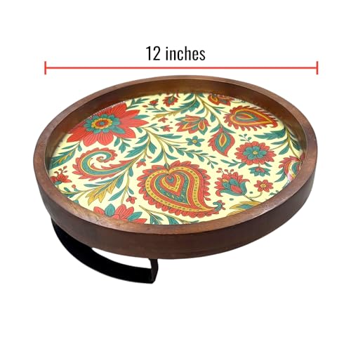 POSHIO® POSHIO Wooden Tray Serving Platter with Metal Stand (Enamel Printed) | Round Wood Tray for Dining Table Organizer | 12 x 12 Inches | Handmade Serving Stand and Big Platter (Design 1, 12x12inches) - Image 4
