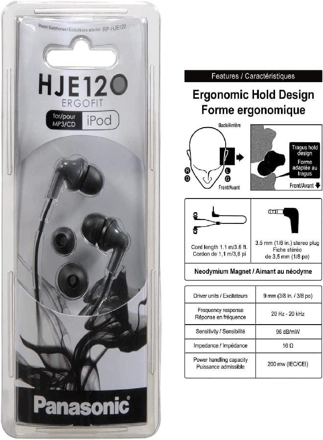Panasonic ErgoFit Wired Earbuds, 3.5mm Jack In-Ear Headphones Wired with Dynamic Crystal-Clear Sound and Ultra Soft Ergonomic Custom-Fit Earpieces (S/M/L), for Phones and Laptops - RP-HJE120-K (Black) - Image 4