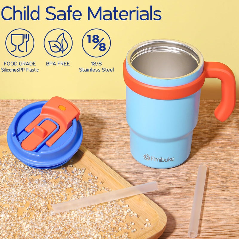 Fimibuke 16oz Kids Insulated Tumbler with Handle & Straws - 2 Pack BPA FREE 18/8 Stainless Steel Toddler Cups with Sip/Swig 2-in-1 Lids, Leak Proof Kid Drinking Cup Travel Mugs for Children Boys Girls - Image 2