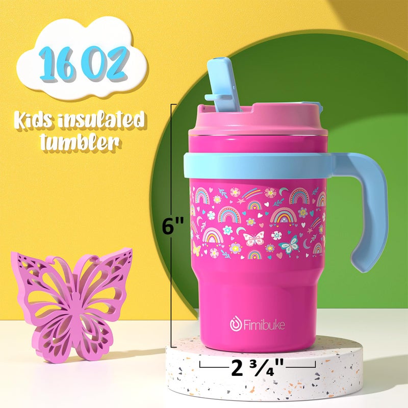 Fimibuke 16oz Kids Insulated Tumbler with Handle & Straws - 2 Pack BPA FREE 18/8 Stainless Steel Toddler Cups with Sip/Swig 2-in-1 Lids, Leak Proof Kid Drinking Cup Travel Mugs for Children Boys Girls - Image 3