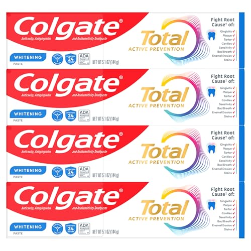 Colgate Total Whitening Toothpaste Paste 51 oz 4 Pack Fluoride Antibacterial for Plaque Gingivitis Sensitivity Stain Removal Clinically Proven Mint Teeth Whitening Stannous Fluoride