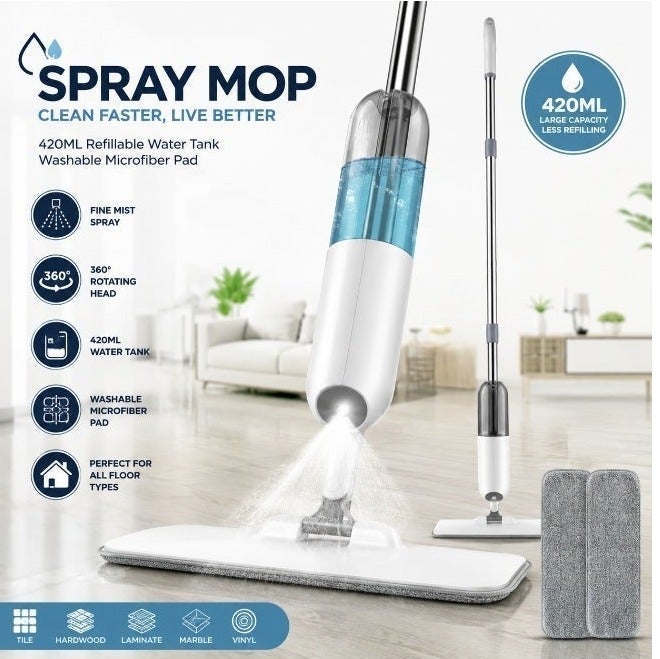 Spray Mop With Washable Microfiber Pad Floor Cleaning Mop with 420 ML Refillable Water Tank 360° Rotating Ceramic Floor Mop for Home Kitchen - Image 1