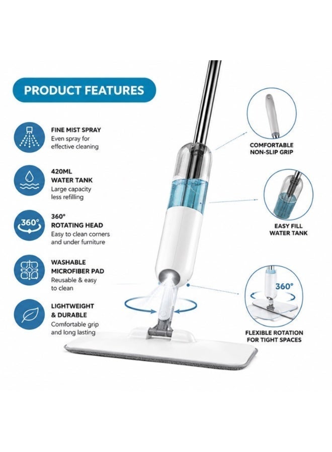 Spray Mop With Washable Microfiber Pad Floor Cleaning Mop with 420 ML Refillable Water Tank 360° Rotating Ceramic Floor Mop for Home Kitchen - Image 2
