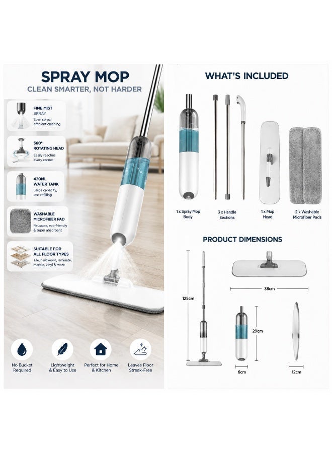 Spray Mop With Washable Microfiber Pad Floor Cleaning Mop with 420 ML Refillable Water Tank 360° Rotating Ceramic Floor Mop for Home Kitchen - Image 4