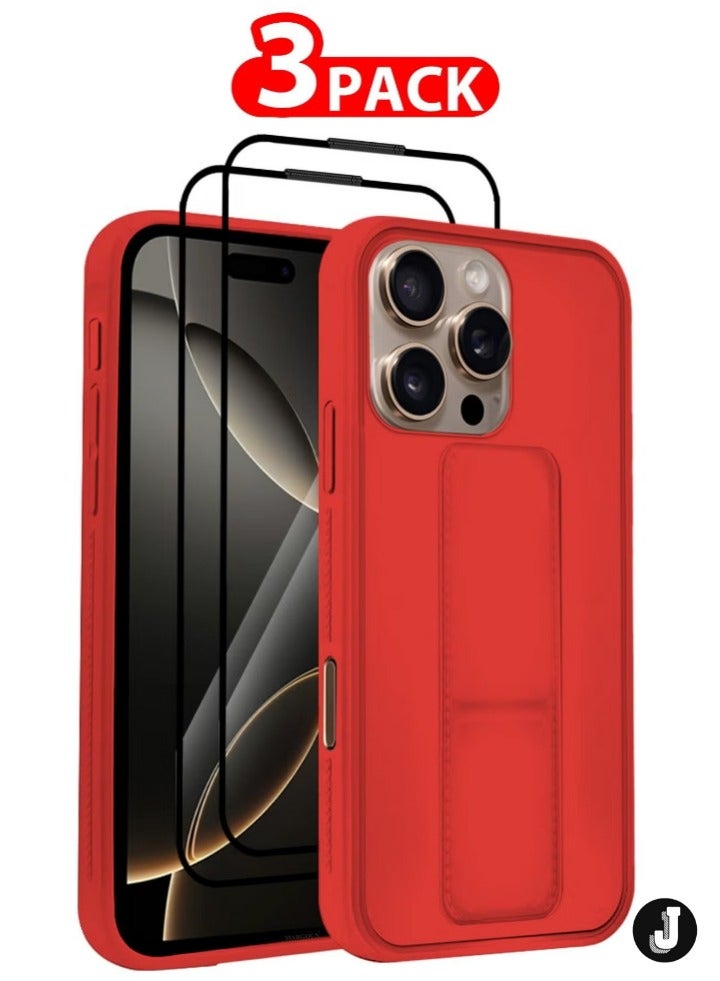 JAJEEK "3-Pack Premium PU Leather Case & Screen Protectors for iPhone 16 Pro Max – Shockproof, Anti-Scratch, Stand Function, Finger Grip Case Cover (Red)" - Image 1